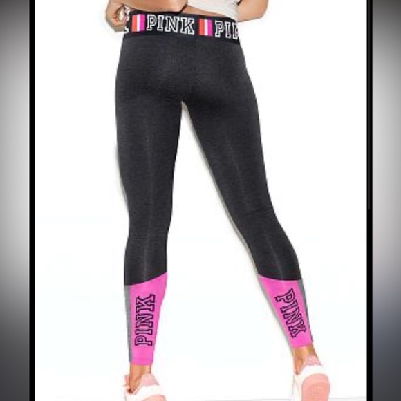Victoria’s Secret Pink Dark Gray Color Block Logo Waistband Leggings Small - Picture 1 of 10